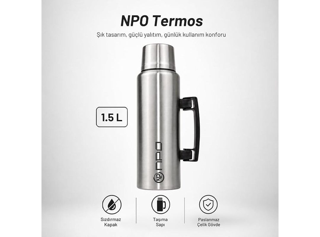 🛍️ NPO NT01 1.5L Çift Katmanlı Vakum Teknolojili 24H Sıcak 48H Soğuk 72H Buzlu Koruma Çelik Termos