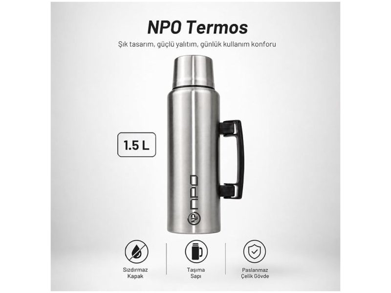 🛍️ NPO NT01 1.5L Çift Katmanlı Vakum Teknolojili 24H Sıcak 48H Soğuk 72H Buzlu Koruma Çelik Termos