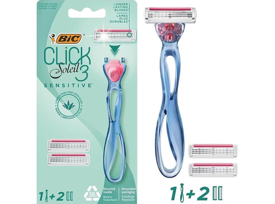 🛍️ BIC Soleil Click Sensitive 1 Gövde & 2 Başlık Kadın Tıraş Bıçağı (3 Bıçak), Oynar Başlıklı, Aloe Vera ile Zenginleştirilmiş Kayganlaştırıcı Jel Şerit