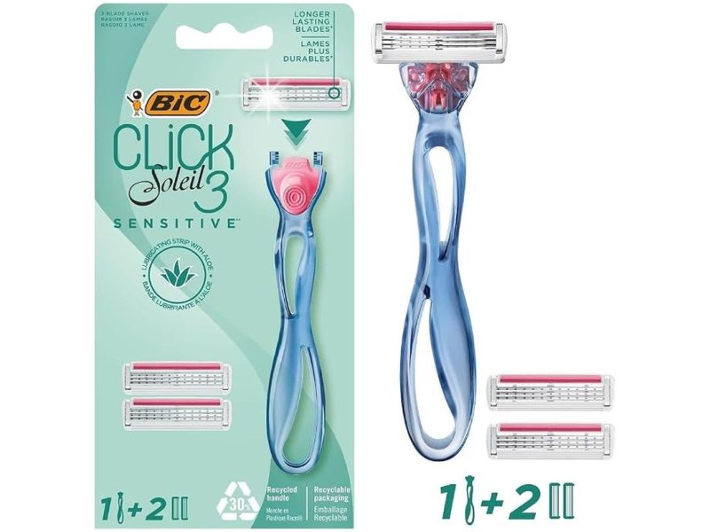 🛍️ BIC Soleil Click Sensitive 1 Gövde & 2 Başlık Kadın Tıraş Bıçağı (3 Bıçak), Oynar Başlıklı, Aloe Vera ile Zenginleştirilmiş Kayganlaştırıcı Jel Şerit
