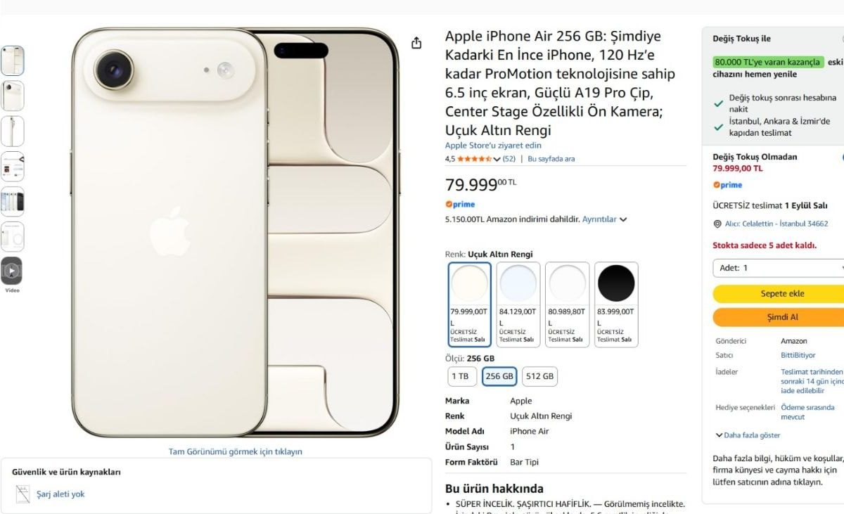 Apple iPhone Air 256 GB: Şimdiye Kadarki En İnce iPhone, 120 Hz’e kadar ProMotion teknolojisine sahip 6.5 inç ekran, Güçlü A19 Pro Çip, Center Stage Özellikli Ön Kamera; Uçuk Altın Rengi