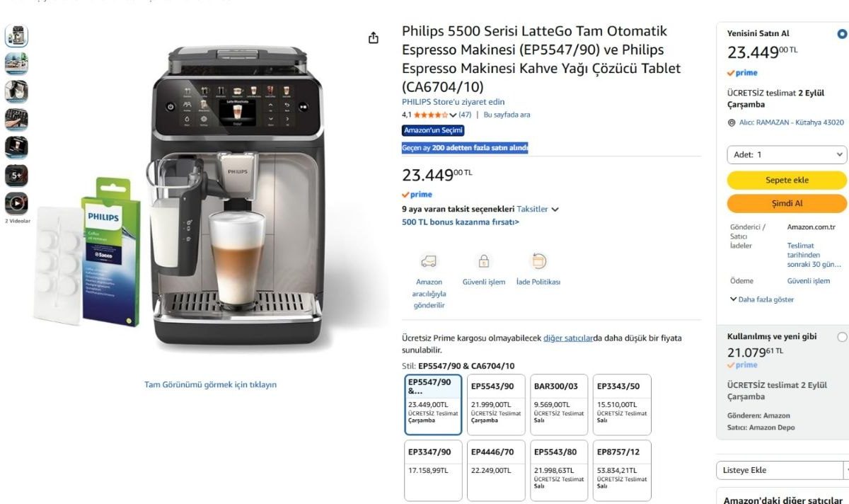 Philips 5500 Serisi LatteGo Tam Otomatik Espresso Makinesi (EP5547/90) ve Philips Espresso Makinesi Kahve Yağı Çözücü Tablet (CA6704/10)