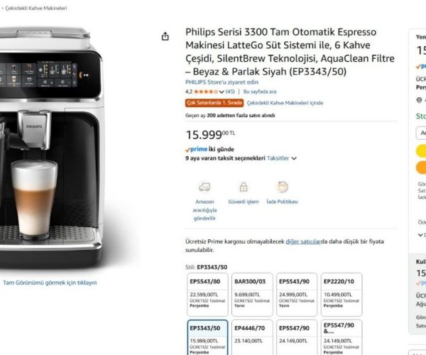 Philips Serisi 3300 Tam Otomatik Espresso Makinesi LatteGo Süt Sistemi ile, 6 Kahve Çeşidi, SilentBrew Teknolojisi, AquaClean Filtre – Beyaz & Parlak Siyah (EP3343/50)