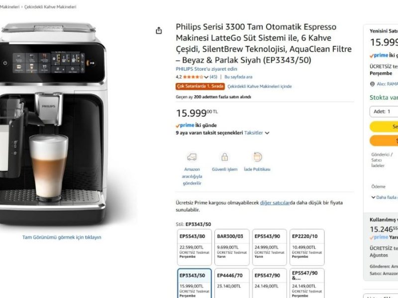 Philips Serisi 3300 Tam Otomatik Espresso Makinesi LatteGo Süt Sistemi ile, 6 Kahve Çeşidi, SilentBrew Teknolojisi, AquaClean Filtre – Beyaz & Parlak Siyah (EP3343/50)