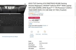 ASUS TUF Gaming A16-FA607NUQ-RL048 Gaming Dizüstü Bilgisayarı | NVIDIA® GeForce RTX™ 4050 Laptop GPU 6GB GDDR6 | AMD Ryzen™ 7 170 Processor 3.2GHz | 16GB DDR5 RAM | 512 GB SSD| 16″ FHD | FreeDoS