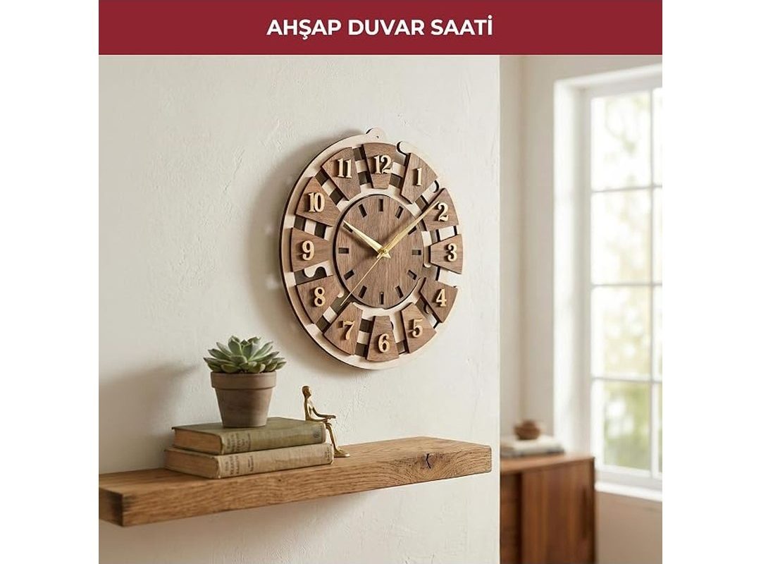 🛍️ PIKAS Ahşap Duvar Saati 32 cm, Sessiz Mekanizma Dekoratif Modern Salon Mutfak Ofis Duvar Saati