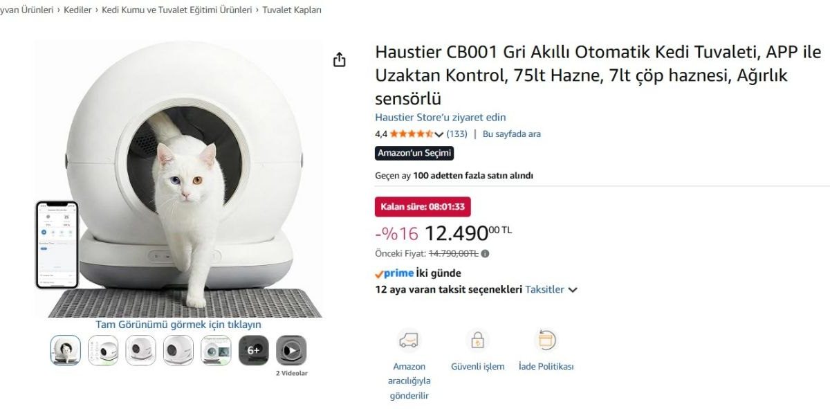 Haustier CB001 Gri Akıllı Otomatik Kedi Tuvaleti, APP ile Uzaktan Kontrol, 75lt Hazne, 7lt çöp haznesi, Ağırlık sensörlü