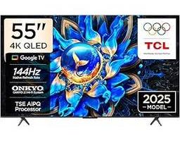 TCL 55 inç Akıllı TV 55T8C 4K QLED Renkli Quantum Crystal HDR10+ Oyun Google TV, 144Hz Doğal Yenileme Hızı, ONKYO 2.1 Hi-Fi Ses Sistemi, Dolby Atmos, DTS Virtual X, MEMC, Game Master (2025 Modeli)