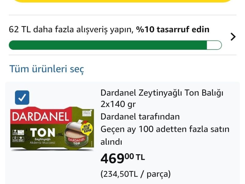 Dardanel Zeytinyağlı Ton Balığı 2x140gr – 469₺ / 2 Adet Alımda 2’li paketi 271₺’ye geliyor — %42 İndirim