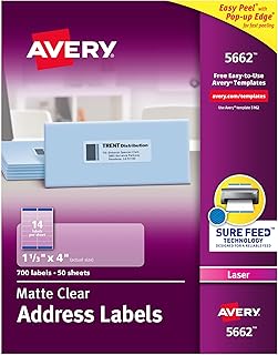 Avery Mat Şeffaf Adres Etiketleri, Sure Feed Teknolojisi, Lazer, 1-1/3