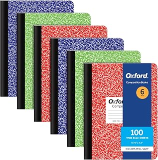 Oxford Kompozisyon not defteri, 6'lı paket, geniş çizgili kağıt, 24,9 x 18,8 cm, 100 yaprak, çeşitli mermer cilt, her biri 2 adet: mavi, yeşil, kırmızı (63762)