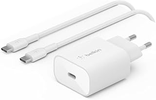 Belkin BoostCharge PPS ile 25W duvar şarj cihazı (USB-C Güç Dağıtımı, iPhone, Samsung, Galaxy Tab, iPad vb. İçin hızlı şarj, USB-C - USB-C kablosu dahil)