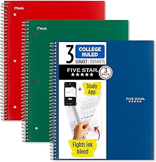 Five Star Spiral Defter + Çalışma Uygulaması, 3'lü Paket, 3'lü Konu, Kolej Çizgili Kağıt, Mücadele Mürekkep Kanaması, Suya Dayanıklı Kapak, 8-1/2