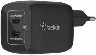 Belkin Çift USB-C Duvar Şarj Cihazı 45W, iPhone 14, 13, 12, Pro, Pro Max, iPad Pro 12.9, 11, MacBook, Galaxy S23, S23+, Ultra, Tab ve daha fazlası için GaN Teknolojili PD 3.0 Hızlı Şarj