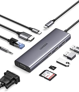 UGREEN USB C Yerleştirme İstasyonu 10'U 1 ARADA 4K HDMI, VGA, 3 x USB A 3.0, PD 100W, Ethernet, 3,5 mm Ses, SD/TF ile