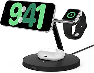 Belkin BoostCharge Pro Kablosuz 3'ü 1 arada şarj cihazı Qi2 iPhone 15, 14, 13 ve 12 ve Apple Watch ve AirPods, kablosuz şarj, endüktif şarj istasyonu (15 W'a kadar) - siyah
