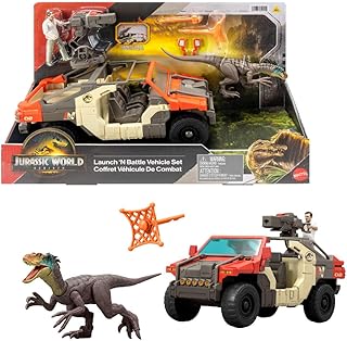 Mattel Jurassic World: Yeniden Doğuş Aracı, 1 İnsan Figürü ve 1 Dinozor Figürü, Launch 'N Battle-Truck, Martin Yengeç Figürü ve Dinozor, Silah ve 2 Mermi, JGB59