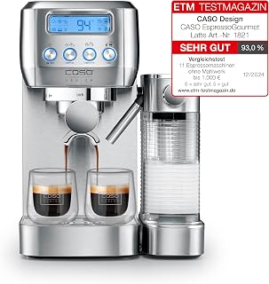 CASO Espresso Gourmet Latte – Test sonucu çok iyi, entegre süt kabına sahip süzgeç makinesi, 20 bar ULKA pompa, fincan ısı plakası, 1 veya 2 fincan, gümüş, paslanmaz çelik