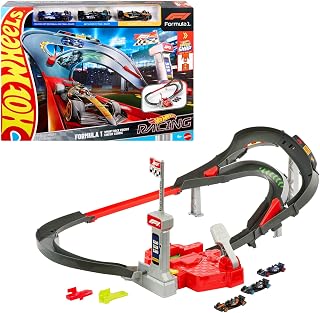 Hot Wheels oyuncak araba ve pist seti, 1:64 ölçekli 3 metal Formula 1® aracı: McLaren F1®, Alpine ve VCARB, yan yana yarış pisti, JDY15