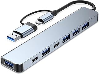 7'si 1 Arada USB ve Type-C Hub Adaptörü - 4 Adet USB 2.0 (450 Mbps), 1 Adet USB 3.0 (5 Gbps) 2 Adet Type-C Girişli, Hızlı Veri Aktarımı, Çok Portlu Çoklayıcı ve Çevirici USB Hub Adaptör