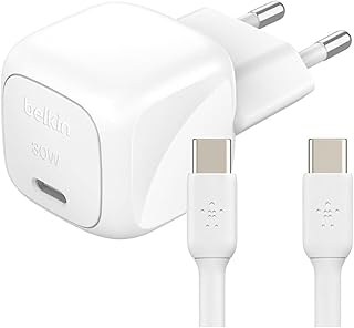 Belkin BoostCharge Kompakt Duvar Şarj Cihazı 30 W, Seyahat Dostu USB-C Power Delivery Hızlı Şarj, iPhone, Samsung Galaxy, iPad, AirPods, Tablet ve Daha Fazlası, USB-C’den USB-C’ye Kablo ile, Beyaz