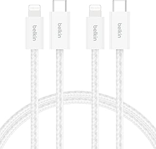 Belkin 2'li Örgülü USB-C - Lightning Kablo, 1,5 m, Yumuşak, Esnek ve Hızlı Şarj Kablosu, iPhone 14 ve Önceki Modeller, 9. Nesil iPad ve AirPods ile Uyumlu, Beyaz