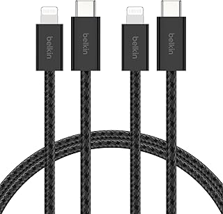 Belkin 2'li Örgülü USB-C - Lightning Kablo, 1,5 m, iPhone 14 ve önceki modeller, 9. Nesil iPad ve AirPods için hızlı şarj kablosu, Siyah