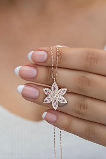 NEREZE 925 Ayar Gümüş 6 Yapraklı Pembe Taşlı Çiçek Kolye