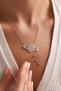 NEREZE 925 Ayar Gümüş Rose Kaplama Sallantı Yıldızlı Gezegen Kolye
