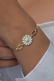 NEREZE 925 Ayar Gümüş Gold Kaplama Balık Sırtı Model Papatya Bileklik
