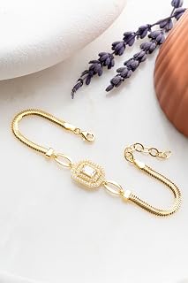 NEREZE 925 Ayar Gümüş Gold Kaplama Balık Sırtı Zincirli Baget Tektaş Bileklik