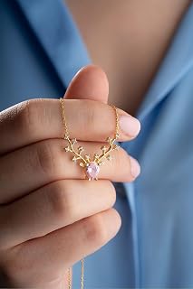 NEREZE 925 Ayar Gümüş Gold Kaplama Pembe Taşlı Ren Geyiği Model Kolye