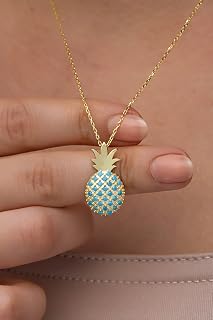 NEREZE 925 Ayar Gümüş Gold Kaplama Turkuaz Taşlı Ananas Kolye