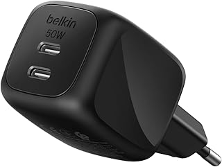 Belkin 2 Bağlantı Noktalı USB-C Şarj Cihazı 50 W, 2x USB-C Çift Bağlantı Noktalı GaN Şarj Cihazı, MacBook, iPhone 17, iPad Pro, Chromebook, Galaxy S25 Ultra, Pixel 10 vb. için, Seyahat için, Siyah