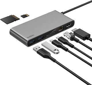 Belkin Connect 8 Portlu USB-C Hub, 4K@60Hz’e kadar çözünürlükleri destekleyen ekran uyumu, Mac, Windows ve Chromebook ile çalışır, 100 W PD, 10 Gbps veri aktarım hızı ve 2,5 Gbps Ethernet - Gri