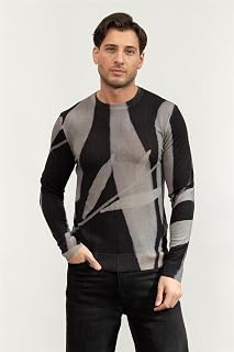 Emporio Armani Erkek Triko, Geometrik Desen, Siyah-Gri, L Beden