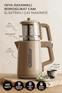 Demzade Isıya Dayanıklı Borosilikat Cam Elektrikli Çay Makinesi Alt 1,7 Lt Üst 0,9 Lt 1850-2200 W Kettle Çaycı Çay Seti,Bej