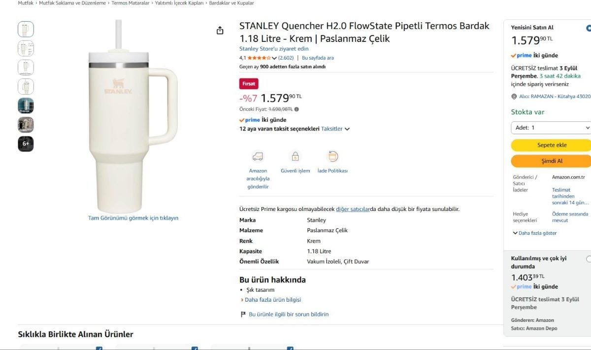 STANLEY Quencher H2.0 FlowState Pipetli Termos Bardak 1.18 Litre – Krem | Paslanmaz Çelik