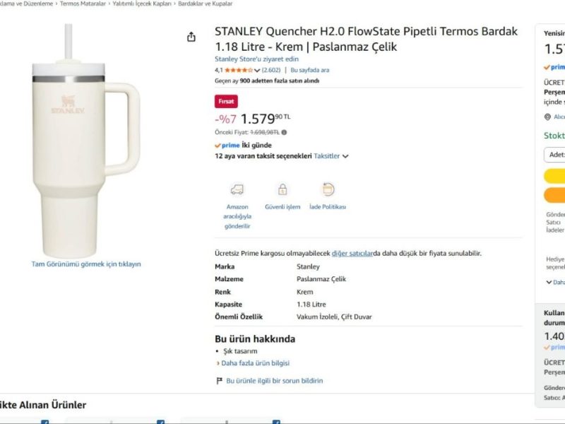 STANLEY Quencher H2.0 FlowState Pipetli Termos Bardak 1.18 Litre – Krem | Paslanmaz Çelik