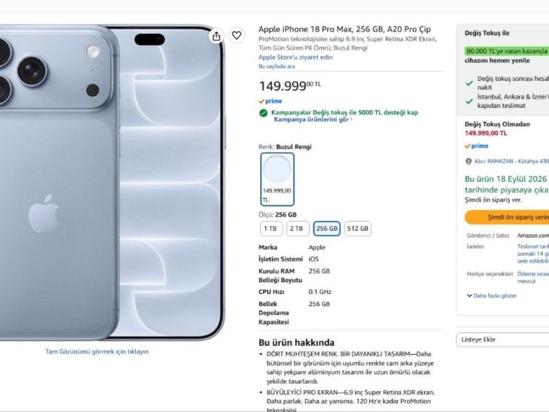 Apple iPhone 18 Pro Max, 256 GB, A20 Pro Çip