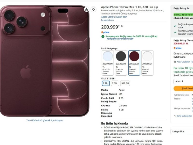 Apple iPhone 18 Pro Max, 1 TB, A20 Pro Çip