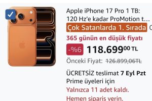 Fırsat: Apple iPhone 17 Pro 1 TB: 120 Hz’e kadar ProMotion teknolojisine sahip 6.3 inç ekran, A19 Pro Çip, Çığır Açıcı Pil Ömrü, Center Stage Ön Kamera özellikli Pro Fusion Kamera Sistemi; Kozmik Turuncu
