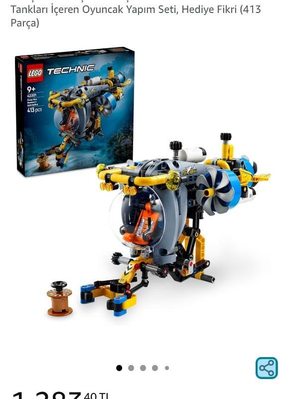 LEGO Technic Derin Deniz Araştırma Denizaltısı 42201 | 9 Yaş ve Üzeri Çocuklar için Dönen Pervaneler ve Hava Tankları İçeren Oyuncak Yapım Seti, Hediye Fikri (413 Parça)
