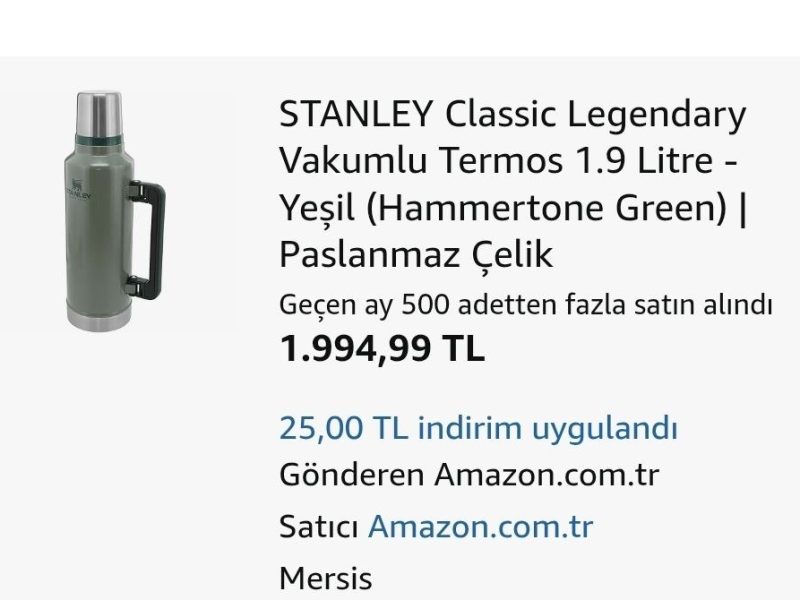STANLEY Classic Legendary Vakumlu Termos 1.9 Litre – Yeşil (Hammertone Green) | Paslanmaz Çelik