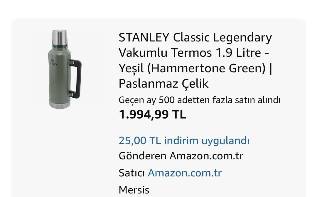 STANLEY Classic Legendary Vakumlu Termos 1.9 Litre – Yeşil (Hammertone Green) | Paslanmaz Çelik