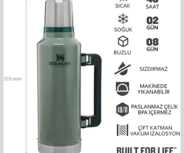 STANLEY Classic Legendary Vakumlu Termos 1.9 Litre – Yeşil (Hammertone Green) | Paslanmaz Çelik
