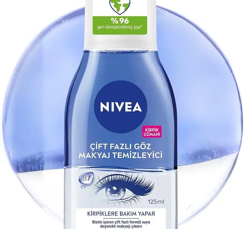 NIVEA Çift Fazlı Göz Makyaj Temizleyici 125 ml,Biotin,Kirpik Bakımı,Suya Dayanıklı Maskara ve Makyaj