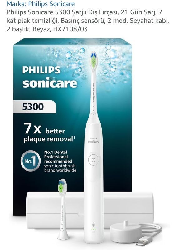 Philips Sonicare 5300 Şarjlı Diş Fırçası, 21 Gün Şarj, 7 kat plak temizliği, Basınç sensörü, 2 mod, Seyahat kabı, 2 başlık, Beyaz, HX7108/03