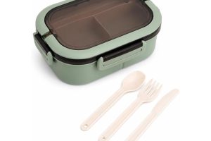 🛍️ Busstier 1200 ml 2 Katlı 6 Bölmeli BPA’sız PP Plastik Sefer Tası ve Beslenme Çantası   Hava Kilitli Bento Lunch Box, Çatal ve Kaşık Dahil (Yeşil)