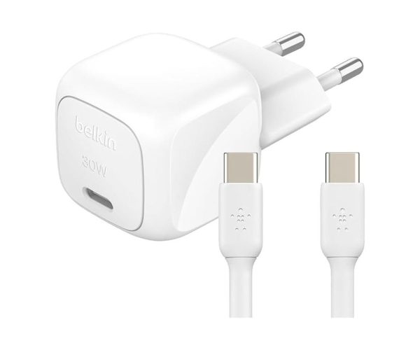 🛍️ Belkin BoostCharge Kompakt Duvar Şarj Cihazı 30 W, Seyahat Dostu USB C Power Delivery Hızlı Şarj, iPhone, Samsung Galaxy, iPad, AirPods, Tablet ve Daha Fazlası, USB C’den USB C’ye Kablo ile, Beyaz